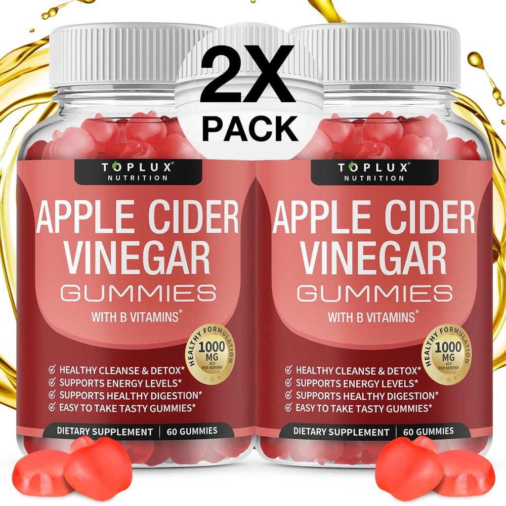 Toplux Jabłko Cydr Gummies - 1000mg ACV z B12, Burak korzeniowy, Granat dla układu immunologicznego, Detox & Cleanse, Gummy Alternatywa dla Jabłka Cydr Kapsułki, dla mężczyzn Kobiety 2X Pack