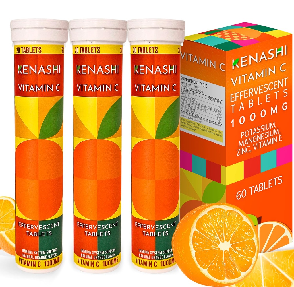 Witamina C Tabletki musujące 1000mg z Magnezu Cynk Witamina E & Potasu Witamina C Efervescente 60 Tabele 3 Opakowanie Vitamina C