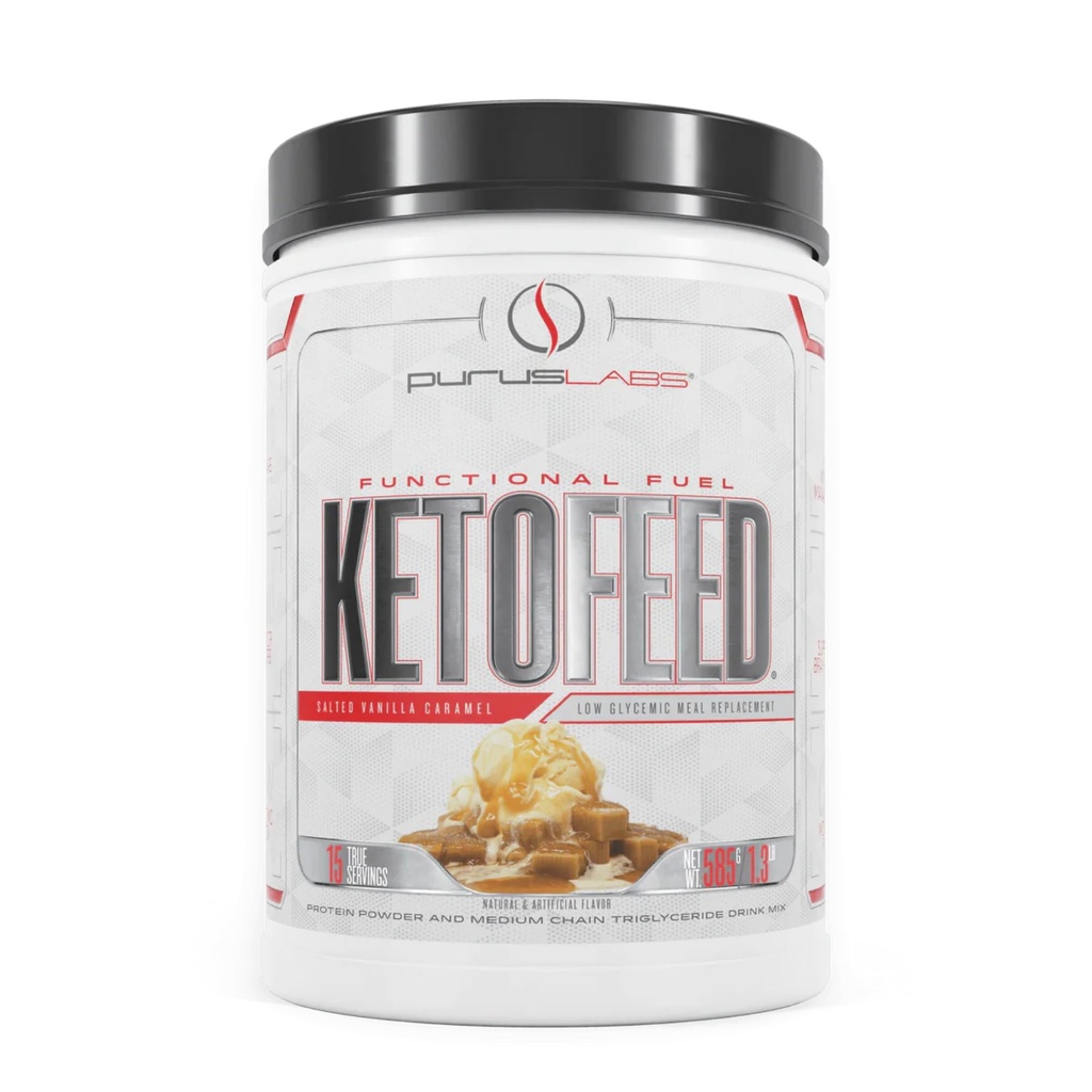 Purus Labs KetoFeed Protein Budapest 124; Keto Niskie białko glicemiczne Protein Meal Replacement Agregation 124; Niskie węglowodory, 0 Cugary Agregat 124; Dodano MCTs Agregat 124; 20g Białko serwatki (Salted Vanilla Karmel)