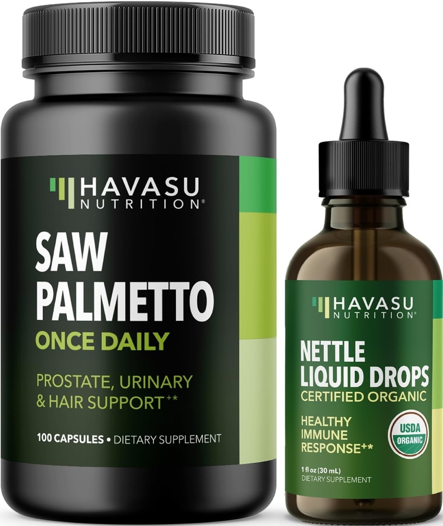 HAVASU NUTRITION Stinging Nettle Leaf Extract Liquid Drops (60 Servings) & Saw Palmetto kapsułki (100 Servings)