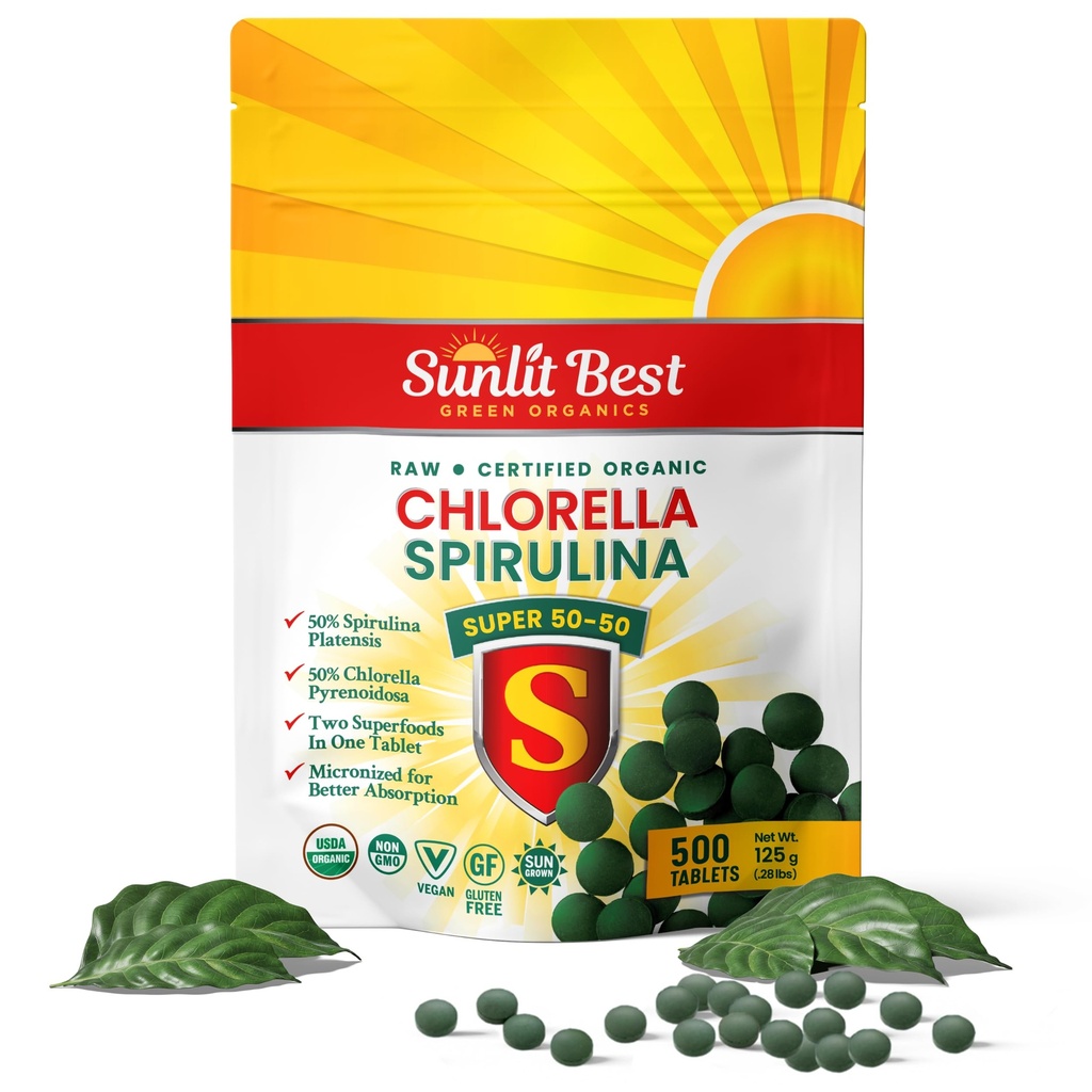 Sunlit Super 50 / 50 Organic Chlorella Spirulina Tablets - Super suplement do wsparcia immunologicznego, Gut Health, Mood & Energy - Bogate w chlorofil, Amino Acids & Vegan Protein, 500 Superfood Tabs