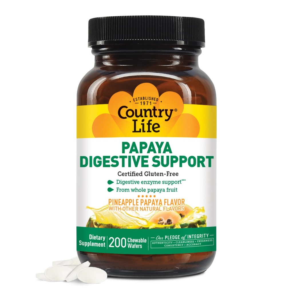 Country Life Chewable Papaya Enzymy dla wsparcia trawienia - Natural Ananas & Papaya Flavor, Assists with Nutricent Absorption, Zawiera Papain & Protaine - 200 Ct