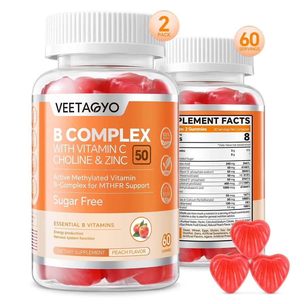 B Complex 50 Gummies, Methylled B Complex with Witamina C, Cholina & Cynk - Active Methylled B- Complex for Energy, Methylled Support - All B Vitamin - B1, B2, B3, B5, B6, B7, B9, B12 - Sugar Free, 120 Count