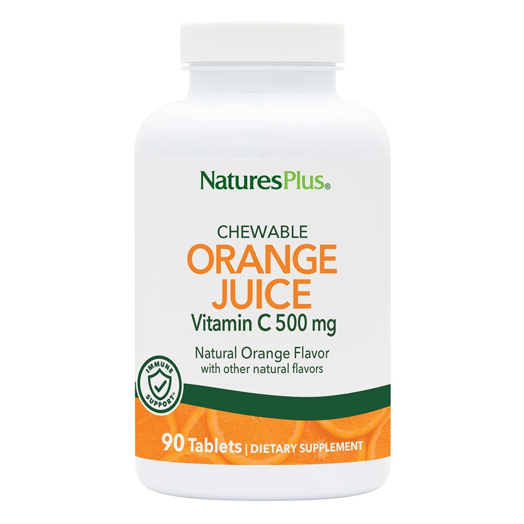Natury Plus sok pomarańczowy Witamina do żucia C - 500 mg, 90 Tabletki - Wysoka moc immunologiczna i naczyniowa Suplement wsparcia zdrowia, Przeciwutleniacz - Delikatny na żołądku - Wegetariański, Bezglutenowy - 90 Służenie