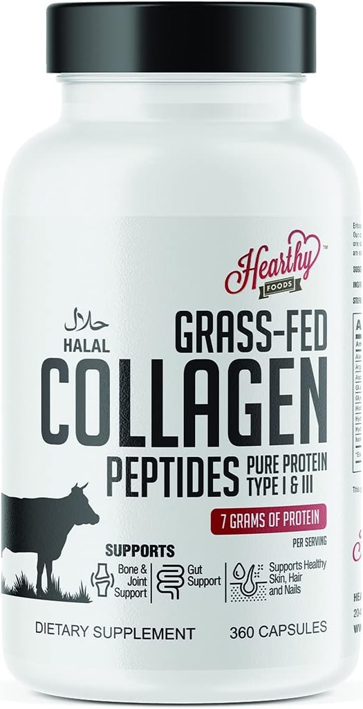 HEARTHY FOODS Colagen Pills Supplement (Typ I, III), 360 Kolagen kapsułki Zdrowe włosy, Skóra, paznokcie, łączniki - Nabiał i Gluten Free Colagen Supplement - 7 Grams Protein Per Serving