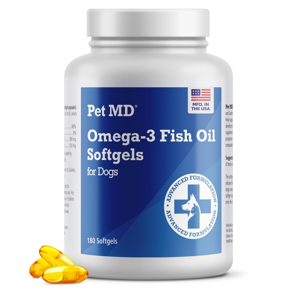 Pet MD - Omega 3 Fish Oil Supplement for Dogs - Wsparcie skóry i płaszcza dla psów - 180 Softgels