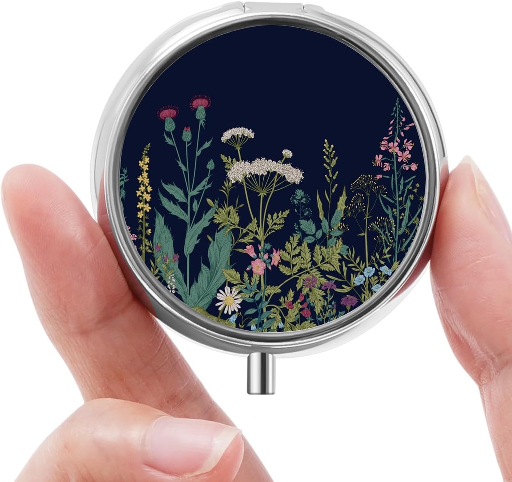 Mini Pudełko na tabletki, Małe Pudełko na tabletki, Cute Pill Organizer for Vitamin, Leki, Olej rybny i suplementy (czarne kwiaty)