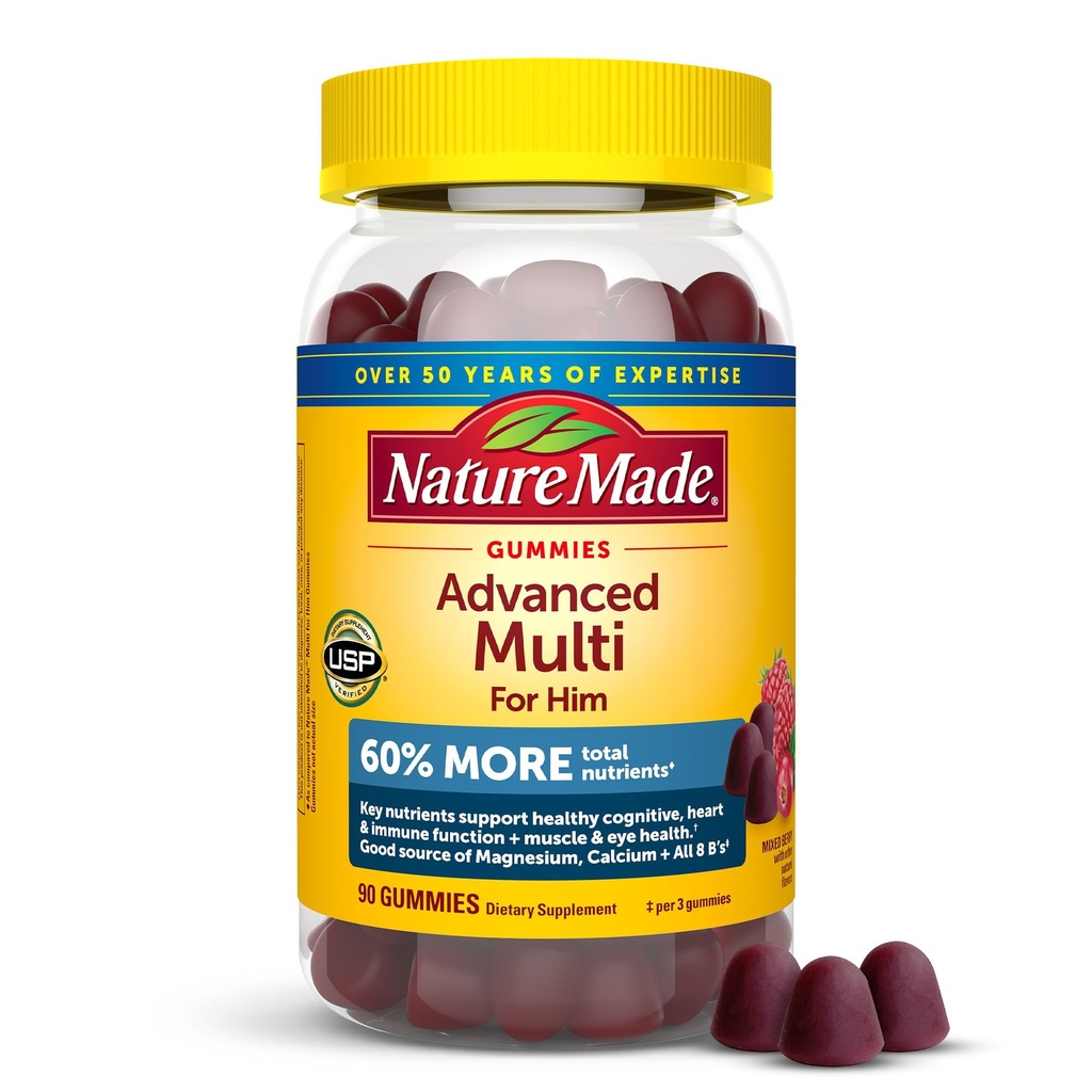 Nature Made Advanced Gummies Multivitamin dla niego z Magnezu Citrate, Wapń & Wszystkie Witaminy 8 B, Multivitamin dla mężczyzn, 90 Gummies, 30 Day Supply