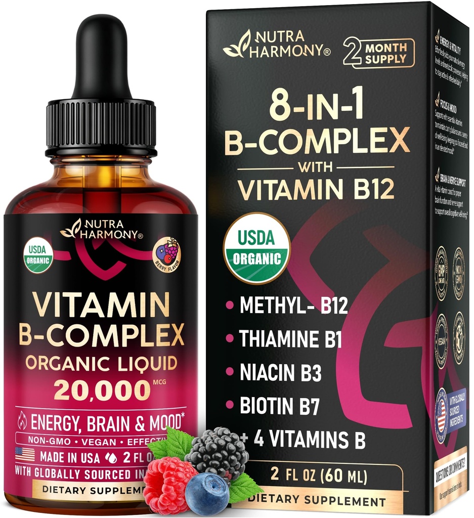 USDA organiczna witamina B- Complex B5 Kwas pantotenowy 124; B12 Methylcobalamina 0,124; B1 Tiamina 124; B6 Pirydoksyna 124; B7 Biotin 124; B9 Kwas foliowy 124; B3 Niacynamid - B Complex Liquid Drops, Made in USA Supplement, 2fl oz