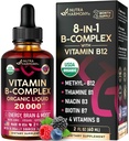 USDA organiczna witamina B- Complex B5 Kwas pantotenowy 124; B12 Methylcobalamina 0,124; B1 Tiamina 124; B6 Pirydoksyna 124; B7 Biotin 124; B9 Kwas foliowy 124; B3 Niacynamid - B Complex Liquid Drops, Made in USA Supplement, 2fl oz