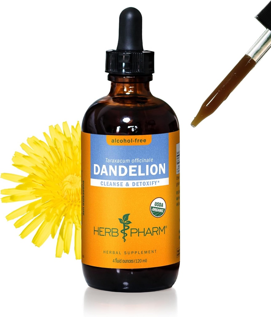 Herb Pharm Certified Organic Dandelion Liquid Extract for Cleansing and Detoksyfication, Alcohol-Free Glycerite, 4 unce