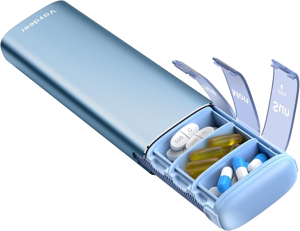Vaydeer Metal Travel Pill Organizer, 7 Day Weekly Pill Box, Large Capacity Daily Cute Pill Case for Supplements, Pills, Vitamins and Medication (Small,Blue)