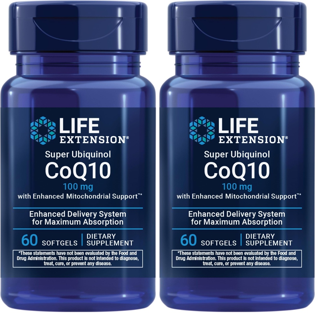Life Extension Super Ubiquinol CoQ10 z ulepszonym Mitochondrial Support, Pothent Heart Health & Cellular Energy Production Support, Ultra- absorbable, Gluten- Free, Non-GMO, 100 mg, 60 softgels (Opakowanie 2)