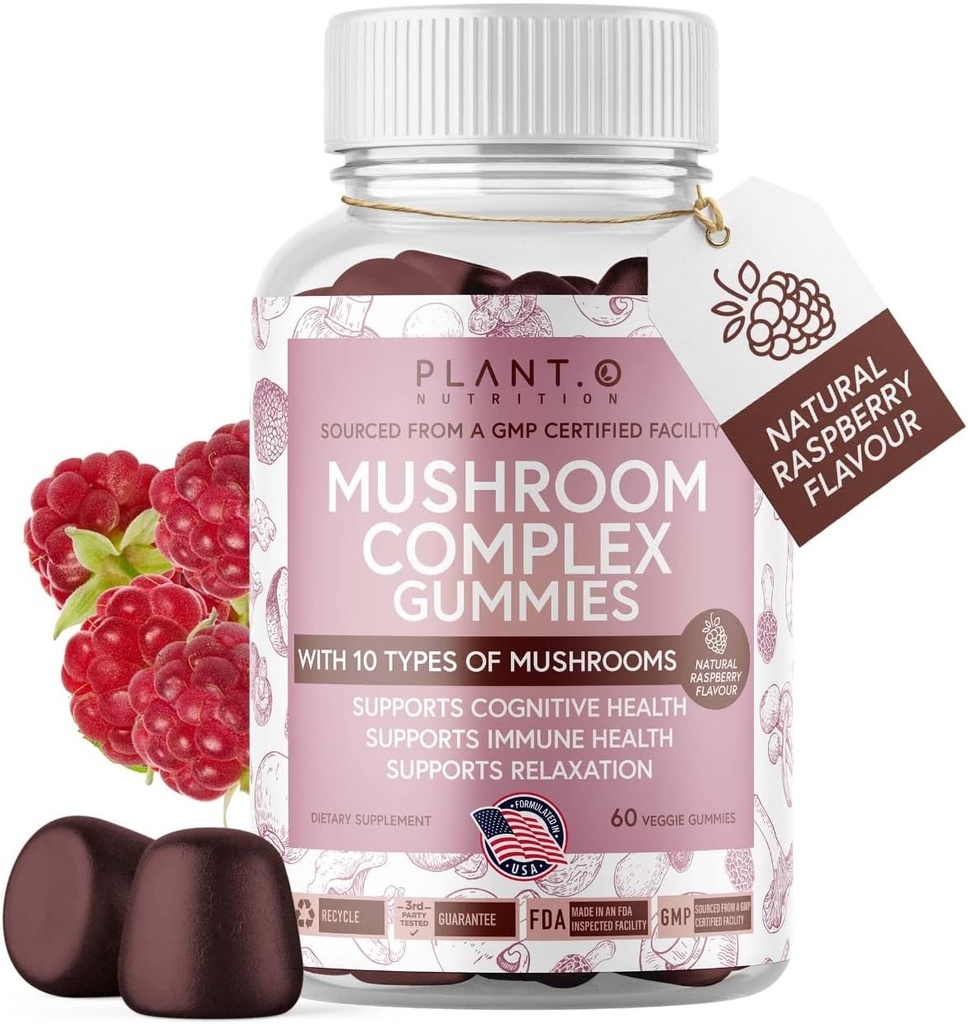 Mushroom Gummies Premium Supplement [10 Mushroom Complex Extract] Pyszne & szybko działająca grzyba lwa, Reishi, Shiitake Nootropic Brain Support, Immune Support, Mood & Relaxation, 60 Chews