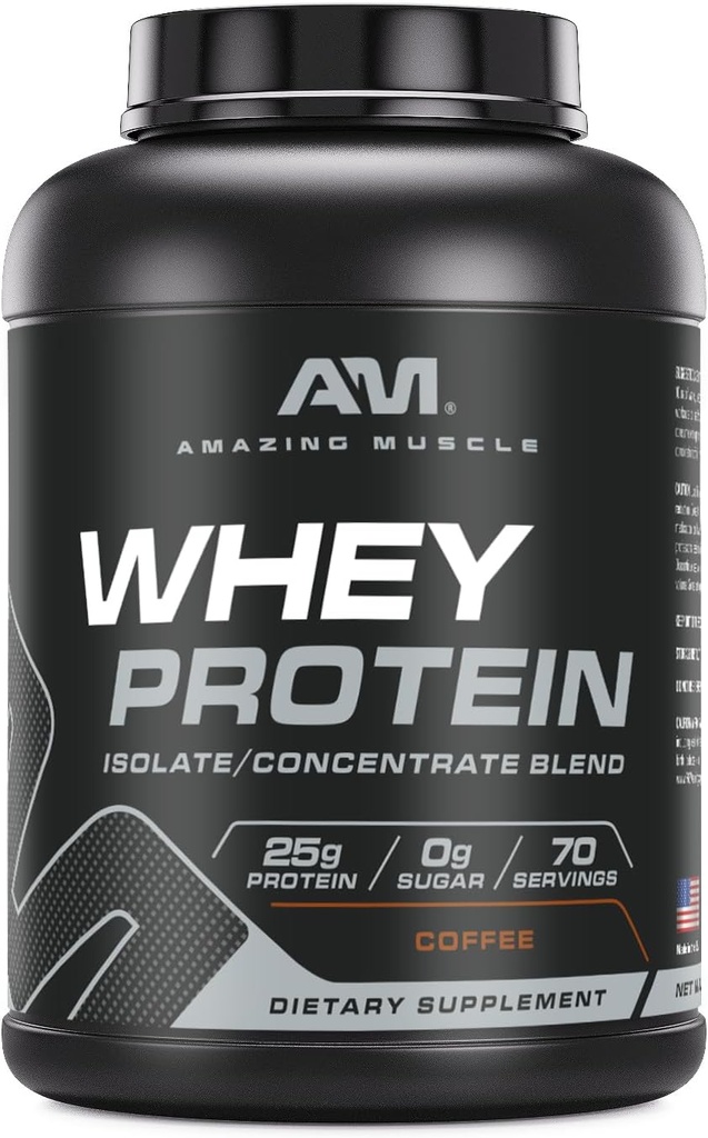 Amazing Muscle Whey Protein Isolate & Concentration Blend 124; Coffee Flavor Yellow 124; 25 G Protein Yellow 124; 5 LB (2.26 Kg) Yellow 124; Non-GMO Yellow 124; Gluten- Free Yellow 124; Made in USA