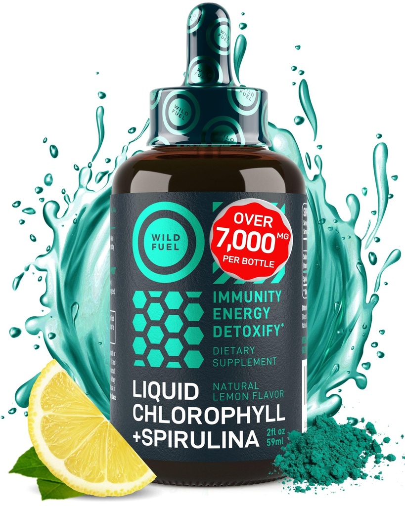 Chlorofil ciecz Krople Spirulina do wody - Pełna energia siłowa, Wellness, Suplement immunologiczny - 50mg Chlorofil Płyn, 12,5 mg Spirulina - Napoje detox Lemon Flavor - 2oz, 118 Służenie
