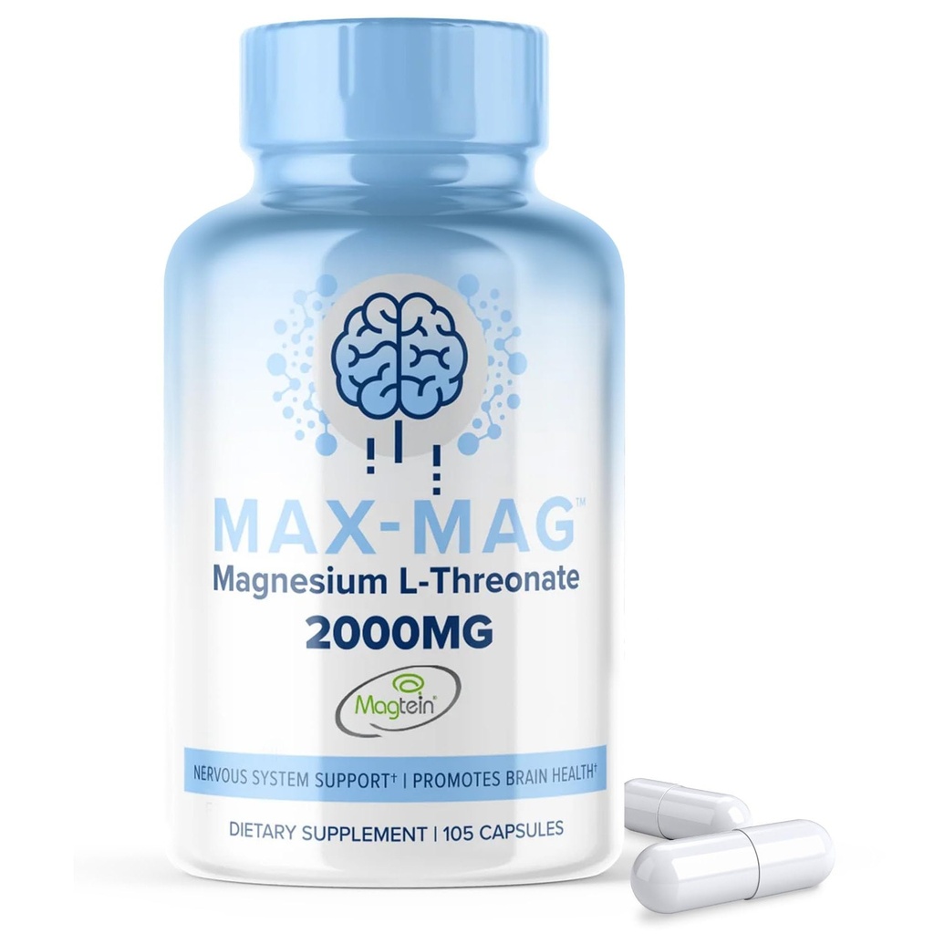 Max- Mag Magnezu L- Threonian Suplement - 105 Kapsułki Made in USA - Magtein 2000mg Complex with Witamina D3 i K2 for Sleep, Mood & Brain Magnez L Threonian Capsules Nutrition by MaxLife Naturals
