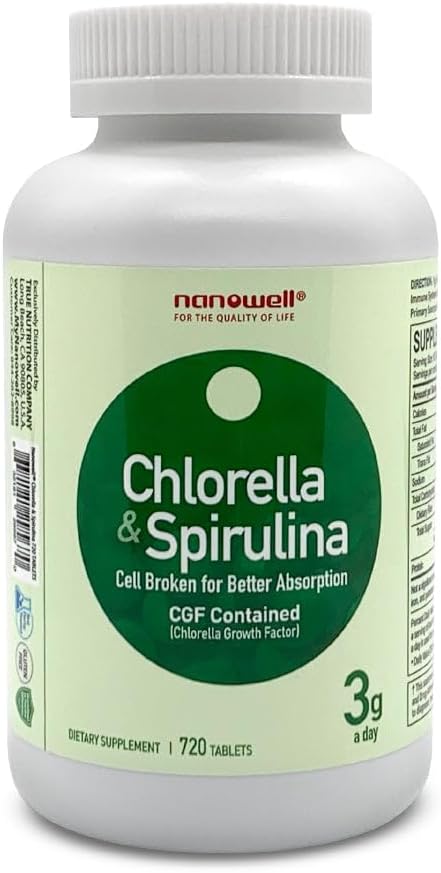NANOWELL Chlorella & Spirulina 720 Tablets - Chlorella, Spirulina, Przeciwutleniacze, Witaminy, Bogaty w białka, Broken Cell Wall (720 Count)