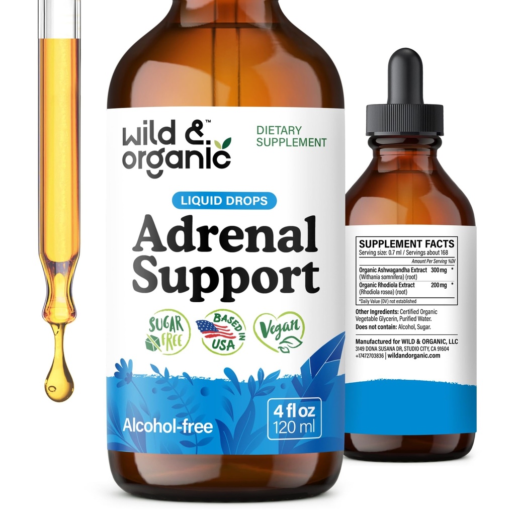 Wild & Organic Adrener Support Drops for positive Outlook - Natural Adrener Supplements for Women and Men - Wegan, No Sugar & Alcohol - 2- Month Supply - 4 fl oz