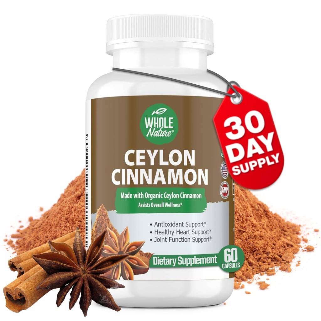 Cynamon Kapsułki 1200mg. Organiczny Ceylon Cynamon Suplement, Cynamon Pigułki Wspomaganie serca, Mózg, Kości, Joint, Metabolizm. True Cinnamon Powder, Non-GMO, Gluten Free, Vegan 60