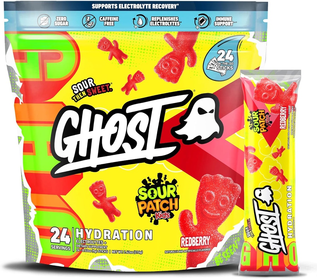 GHOST Pakiety nawadniające, Sour Patch Kids Redberry, 24 Sticks, Proszek elektrolitowy - Suplement mieszanki napojów z magnezu, potasu, wapnia, witaminy C - Wegan, wolne od soi, cukru i gluten