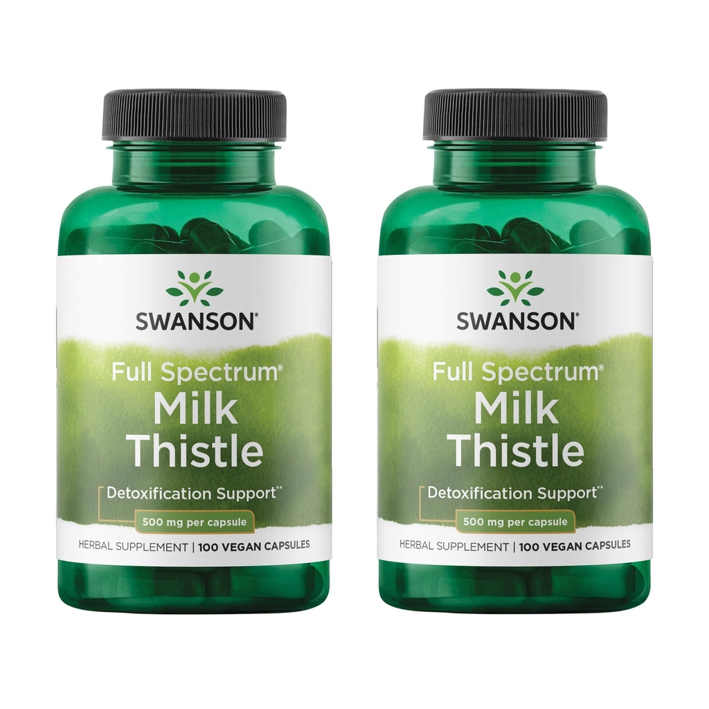 Swanson Milk Thistle - Herbal Liver Supplement Supplement - Naturalna formuła pomagająca utrzymać ogólne zdrowie i samopoczucie - (100 kapsułek, 500 mg każdy) 2 opakowania
