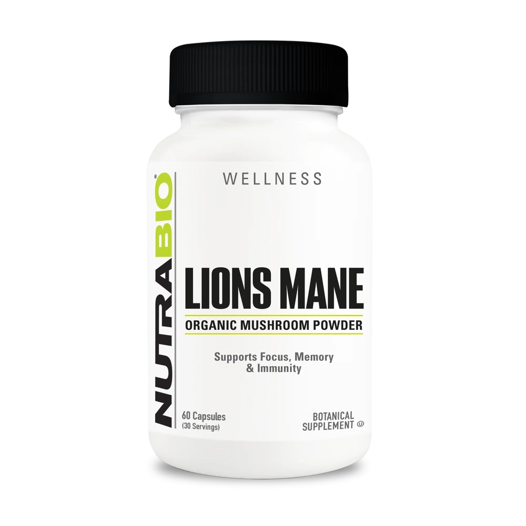 NutraBio Lions Mane Supples- Organic Lion 's Mane Mushroom Powder (500mg) - Focus, Pamięć, Immunitet - 60 Kapsułki roślinne