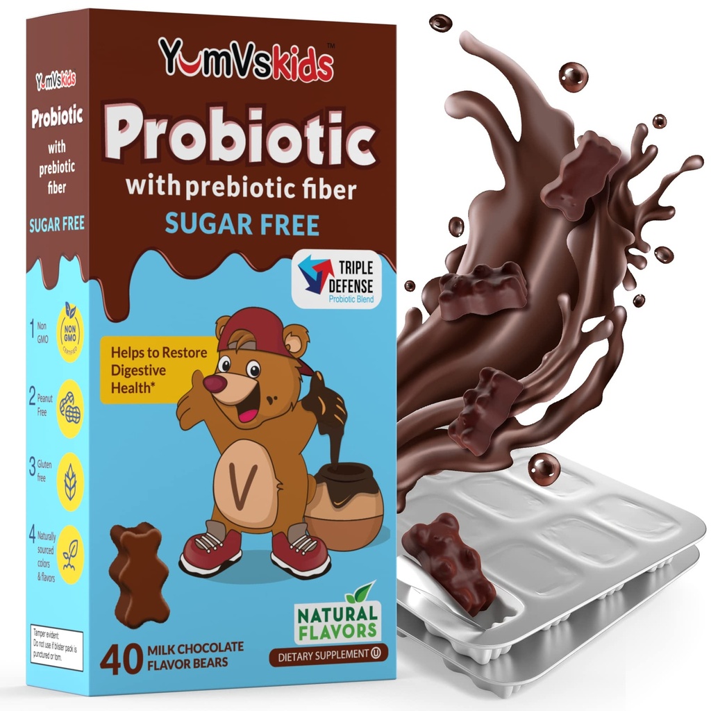 JumV Probiotyki dla dzieci z prebiotycznym cukru włóknistego Bezpłatne czekoladowe suplementy do żucia - Suplement diety Chewables for Digestive Health - Toddlers, Dzieci i młodzież 60 Hrabia