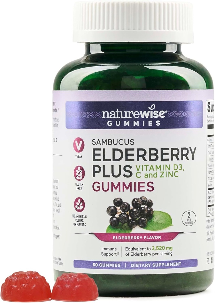 NatureWise Sambucus Elderberry Gummies - Suplement wsparcia immunologicznego dla dzieci w wieku 4 + & Dorośli z witaminą C, D3, Cynk - Jeżyny Równoważne do 3520mg - Wegan, Non-GMO - 60 Count [30- Day Supply]