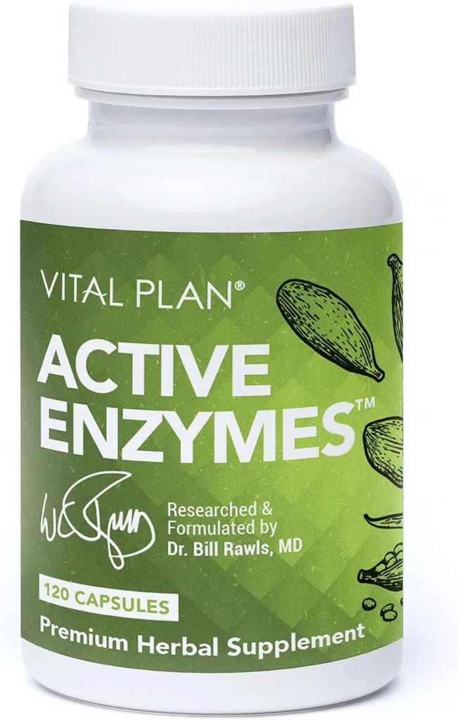 Vital Plan Active Enzymes Supplement by Dr. Bill Rawls - Digestive Enzymes for Gut Health & Trawienie - Promate, Bromelain, Lactase, Amylase & Lipase (120 kapsułki)