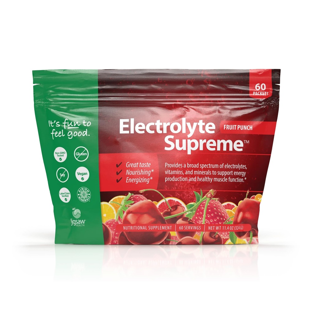 Jigsaw Zdrowie Electrolyte Supreme 124; Szerokie spektrum elektrolitów + Ślady minerałów 124; Owoce Punch Flavor 124; 60 Słupki (Pakiety)