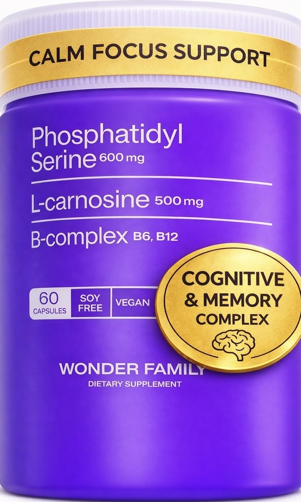 Fosfatydyloseryna 600 mg z L- Carnosine 500 mg + B6, B12 & Folate - Non-Soy Sunflower Lecithin PS Complex - Plant- based, Non-GMO - Wspiera funkcję kognitywną, Integralność Membrany Komórki - 60 Kapsułki