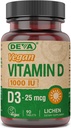 DEVA Vegan witamina D3 Suplement - Tabletka jednodniowa z 1000 j. m. - Cholekalcyferol - Lichen Plant Derived - 90 małych tabletek