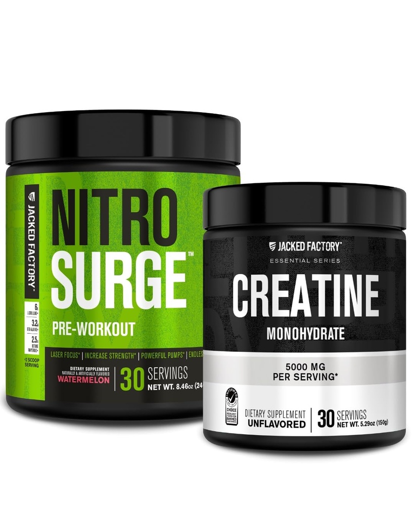 Jacked Factory NITROSURGE pre- Workout Supplement - intensywne pompy (30 Słupki, Arbuz) i jednowodny proszek kreatryny do wzrostu mięśni (30 Słupki, Unflavored)