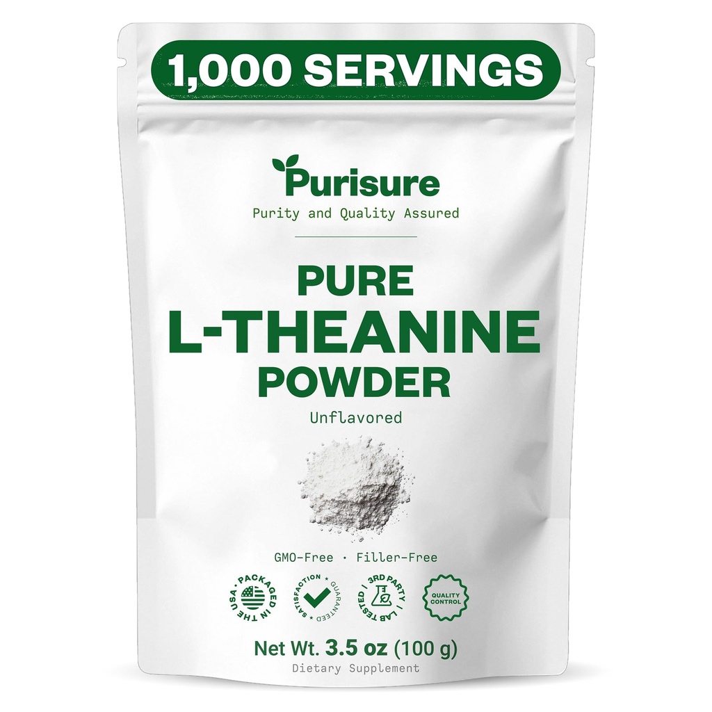 Proszek L- Theanine, 100 g, Czysty proszek L Theanine, który pobudza relaksację i ostrość, Suplement do funkcji kognitywnych, Nie napełniacze, Nie-GMO, 1000 Sługi