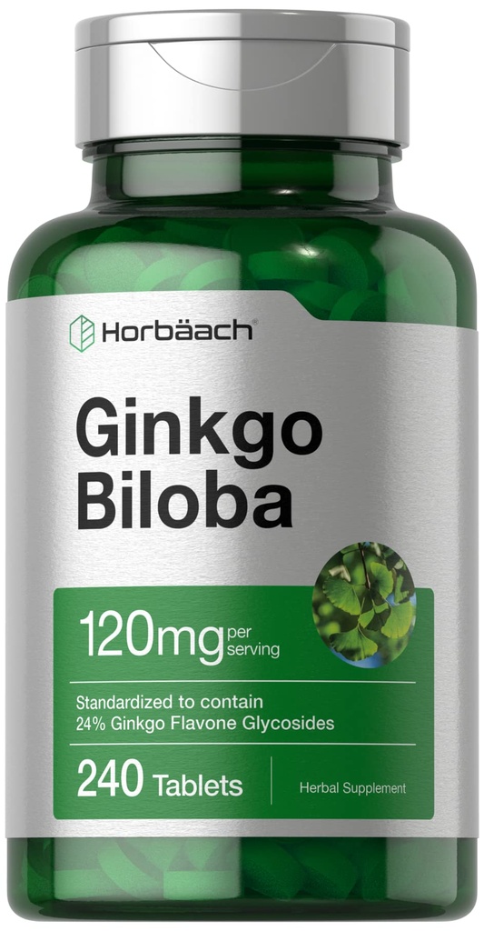 Horbäach Ginkgo Biloba Supplement Agregat 124; 120mg Agregat 124; 240 Tabletów Agregat 124; Standaryzowany ekstrakt ziołowy Agregat 124; Flavone Glycossides Agregat 124; Wegetarianin, Non-GMO i Gluten Free