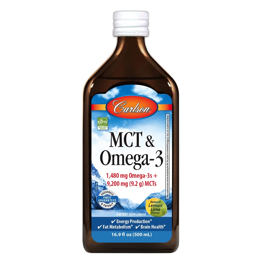 Carlson - MCT & Omega-3, 1480 mg Omega- 3, 9200 mg MCTs, Keto- Friendly, Capicle & Capric Acids, Energy Production, Fat Metabolizm, Lemon- Lime, 500 ml (16.9 Fl Oz)