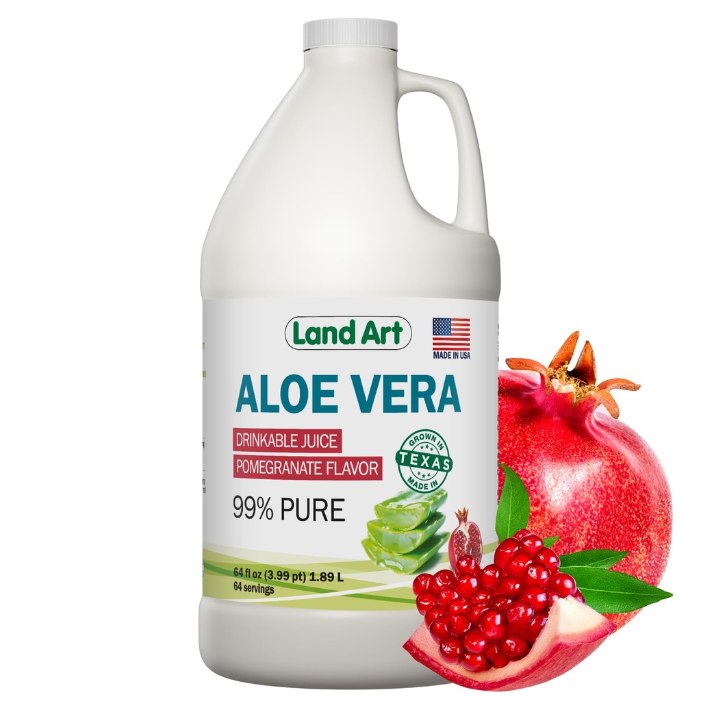Land Art Pure Aloe Vera Juice - Pomegranate Flavored - Cold-Processed - Inner Filet from Organic Fresh Leaves from Texas - Aid- 64 fl oz