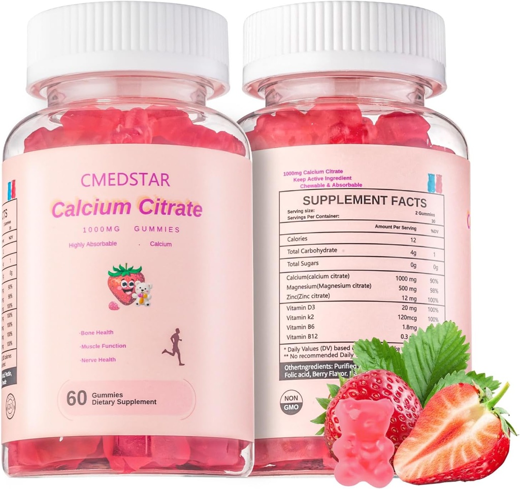 Gummy wapniowe do żucia 1000mg z witaminą D3 & K2, B6 & B12, Magnezu, Cynk na kości, Mięśnie i Łączniki, Immunitet i Wspomaganie Pamięci, Sugar- Free, Gluten Free, Wegetarianin, Truskawka, 60