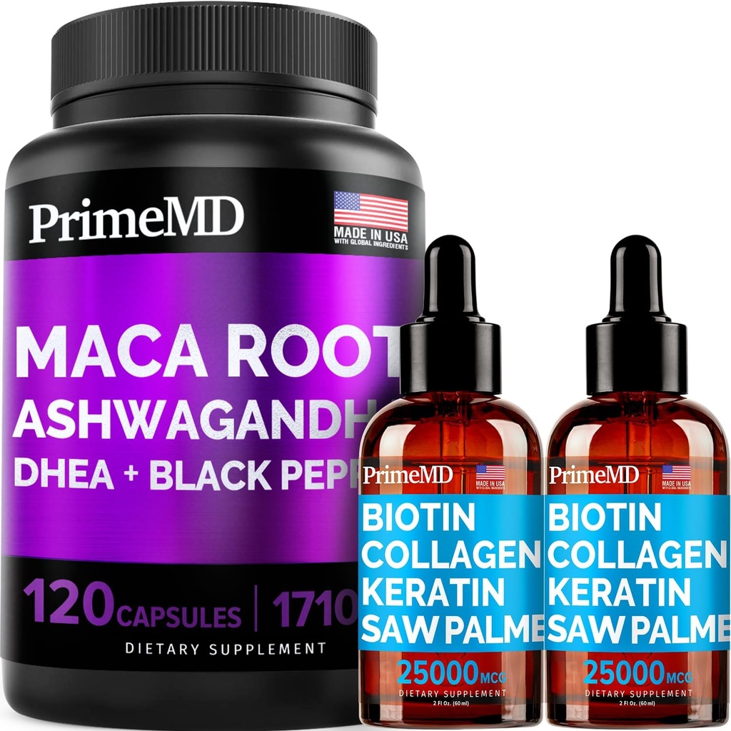 4- in-1 Liquid Biotin Colagen Keratin Saw Palmetto Drops (2 fl oz - 2 Pack) & 6- in-1 Maca Root Ashwagandha w Czarny owoc pieprzu (120ct) Bundle - włosy, skóra, paznokcie, suplement do wsparcia energii i nastrojów