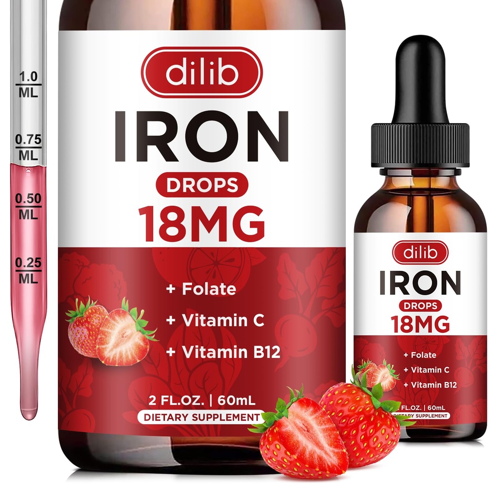 Płynny suplement żelaza dla kobiet i mężczyzn Żelazo Dropy Suplementy dla niedokrwistości z folianem, Witamina C, B12 dla Red Blood Cell Support- Truskawka, 2 Fl Oz