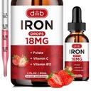 Płynny suplement żelaza dla kobiet i mężczyzn Żelazo Dropy Suplementy dla niedokrwistości z folianem, Witamina C, B12 dla Red Blood Cell Support- Truskawka, 2 Fl Oz
