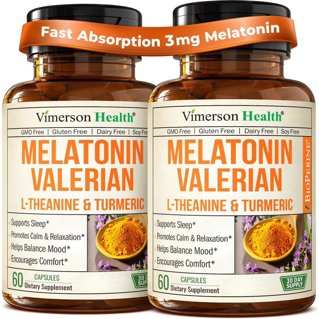 Melatonina Sleep Aid with L Theanine & Valerian Root - Suplement Turmeric - Kurkumina z Ginger & Black Pepper - L- Theanine & Melatonin 3mg for Sleep, Calm and Stress Relief - 2 Pack