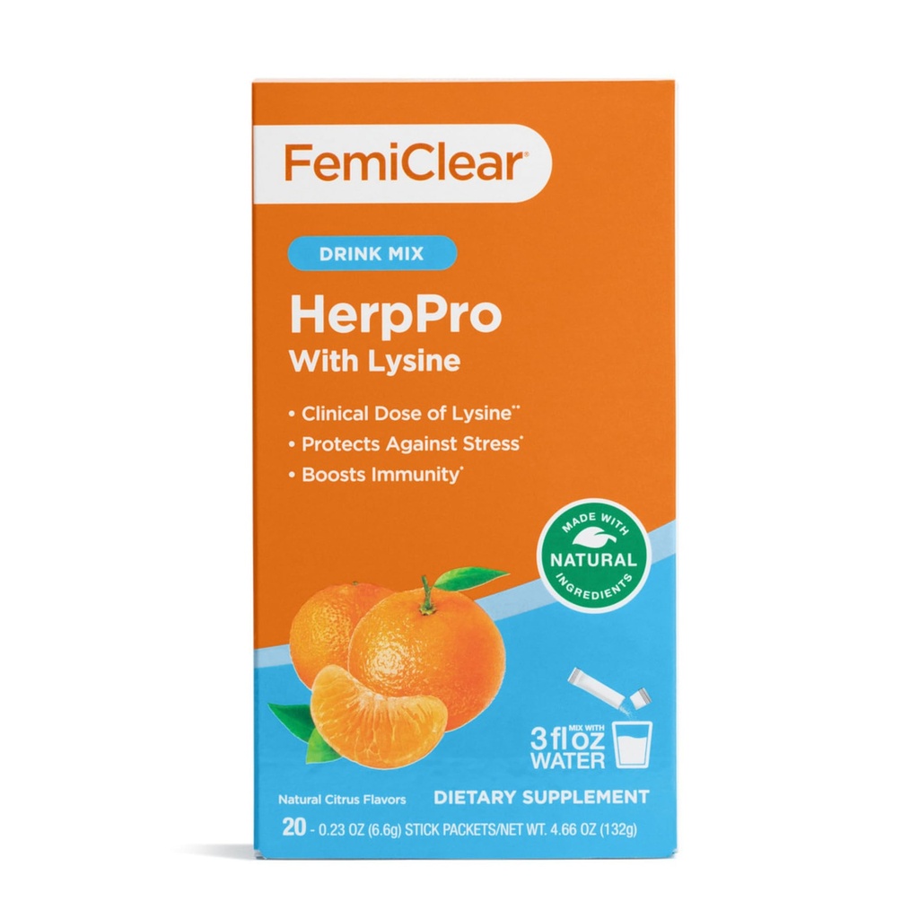 FemiClear HerpPro Drink Mix, L- Lysine 3000mg, Cynk, Witaminy A & C, Ashwagandha, Immunitet i Suplement Stress dla kobiet i mężczyzn, 20 Pakiety stick