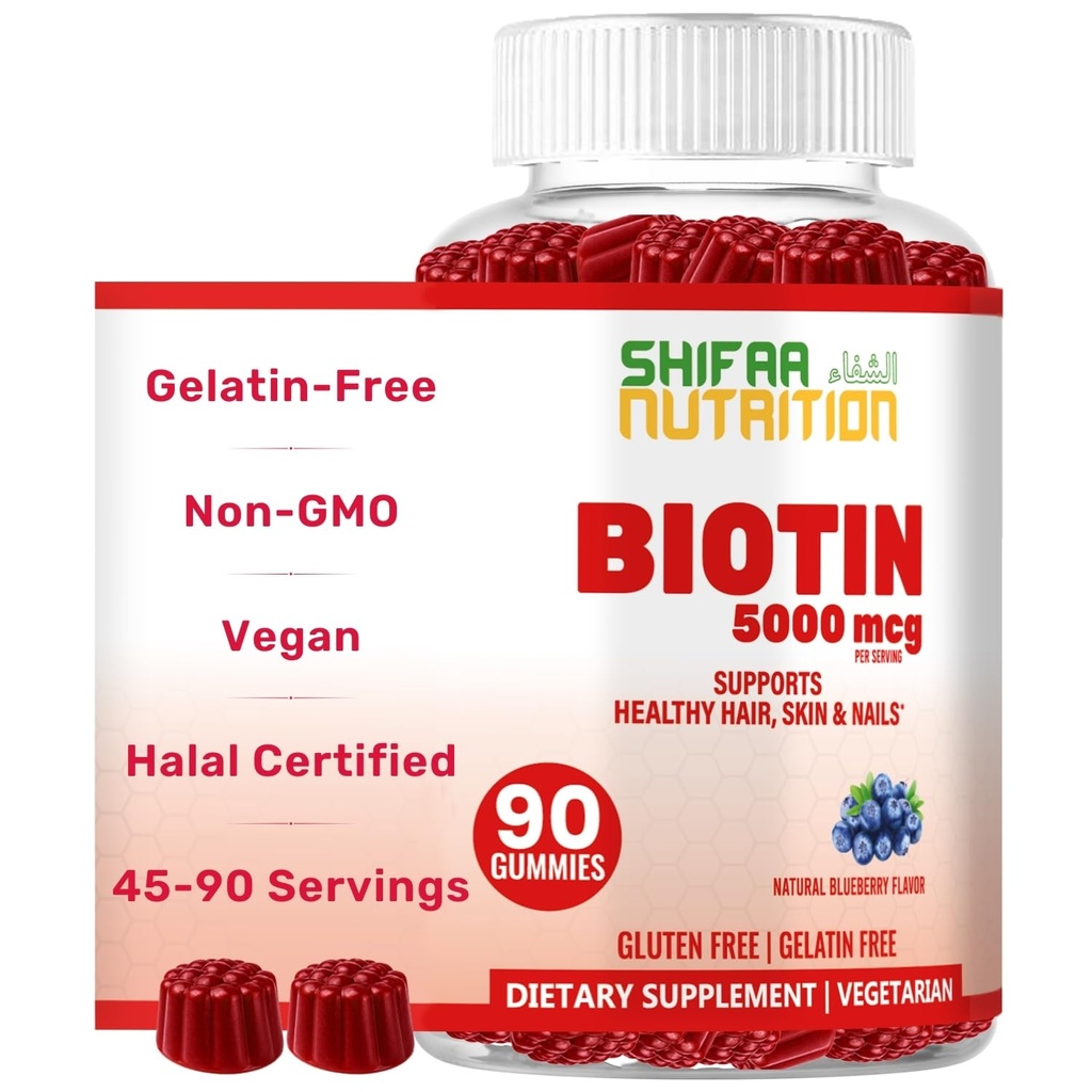 SHIFAA NUTRITION Vegan Biotin Gummies for Adult & Kids 124; 90 Gummies Bird 124; 5000 µg 45 Służenia 124; Non-GMO Birmingham 124; Gluten, Żelatyna, Orzeszki ziemne, Jajko i Dairy Free 124; Biotin Gummy Witaminy do włosów, Skóra i Nails Halal