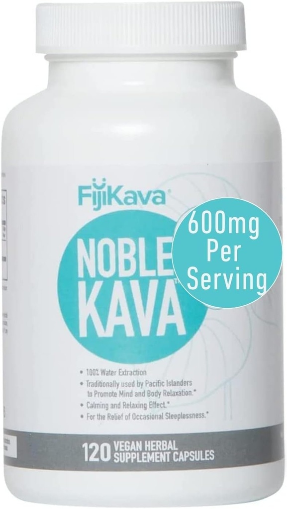 FijiKava Noble Kava Kava Kapsułki, 600mg Kavalactones per serving, Natural Relaxation & Sleep Supplement, Vegan & Non-GMO, 120- Count, Premium Piper Methysticum Extract for Calm & Stress Relief