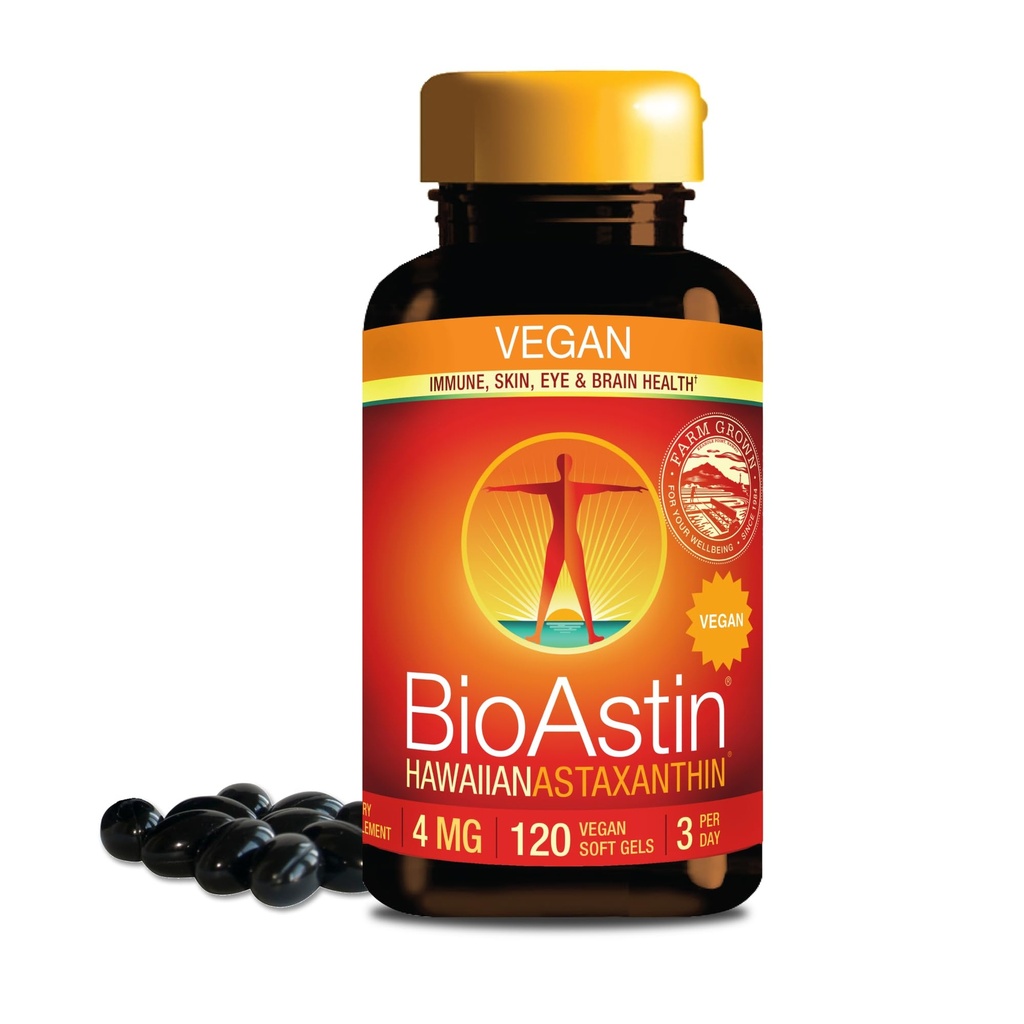 Nutrex Hawaje Vegan BioAstin Hawajski Astaksantyna - 4 mg, 120 Softgels - Farm- Direct Premium Antyoksydant Suplement do wsparcia oka, skóry, Joint & Immune System Health - Wegan, Non-GMO & Gluten- Free