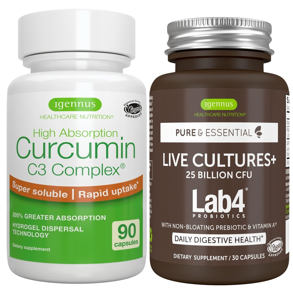 Żywe kultury + Lab4 Probiotyki + Wysoka Absorpcja Kurkumina C3 Kompleks Wegan Bundle, 25 Miliard CFU Probiotyk, Non-Bloating Prebiotic + 300% Większa Absorpcja Kurkuminoidy z szybkim chwytem, Przez Igennus
