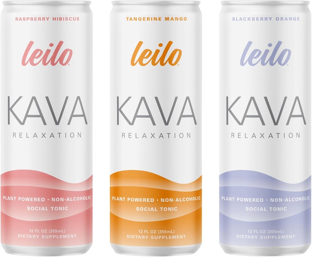 LEILO Yellow 124; Kava powered Sparkling Relaxation Drink 124; Classic Variety- Pack - Zawiera: Malina Hibiscus, Tangerine Mango, BlackBerry Orange Yellow 124; 12 fl oz Cans (Opakowanie 12)