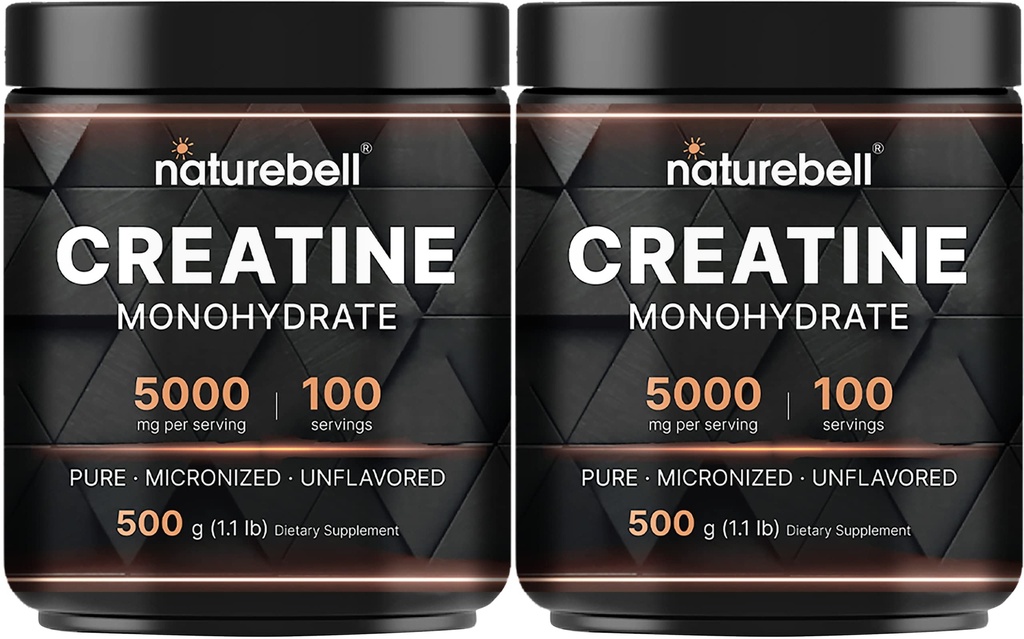 NatureBell 2 Opakowanie Kreatywny jednowodny proszek 500g, 5,000mg na Podawanie 124; Mikronizowane, Czyste i Nieflawowane 124; Wstępne ćwiczenia wsparcia mięśni 124; Keto, Wegan, Filler- Free 124; 200 Sługi (2.2 lb)